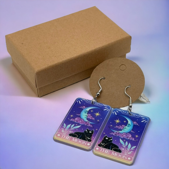 Tarot Card Moon Black Cat Earrings Celestial Magic Mystical Goth w/ Gift Box NEW - Picture 2 of 6